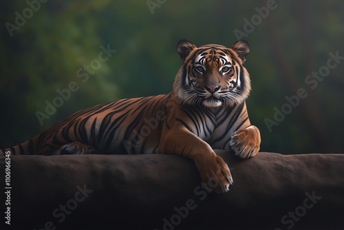 Majestic Tiger Resting On A Dark Rock photo