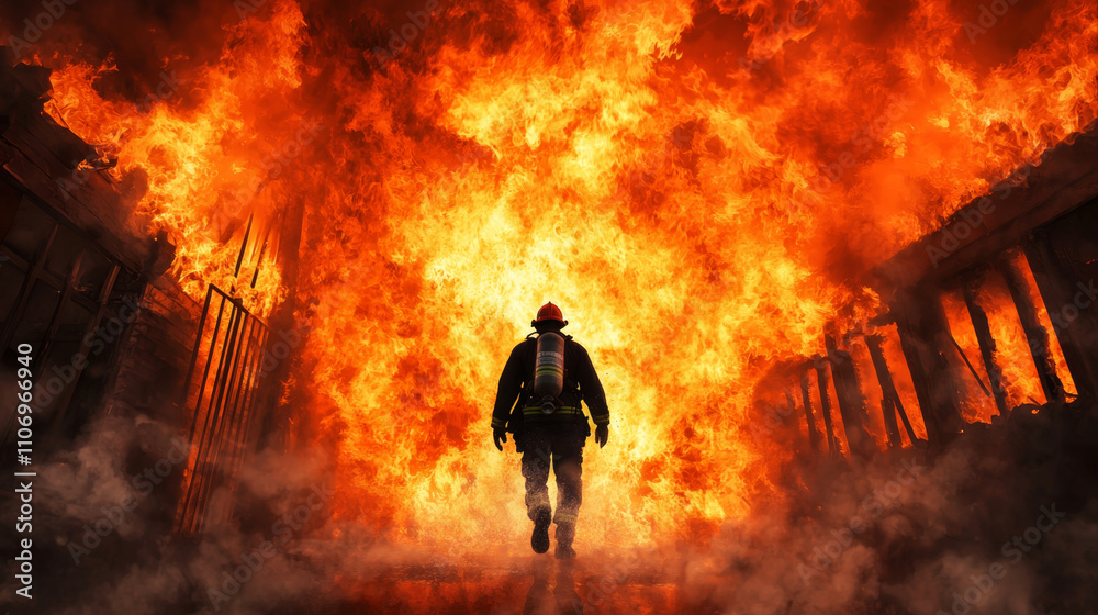 Fototapeta premium Urgent Situation Concept. firefighter bravely enters blazing inferno, showcasing courage