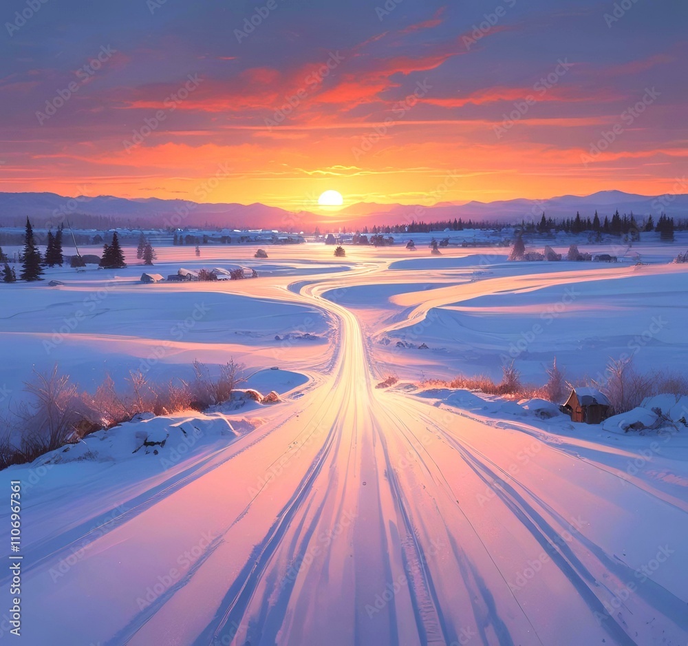 Illustration of winter landscape with road in wild. Illustration of winter landscape with road in wild.
