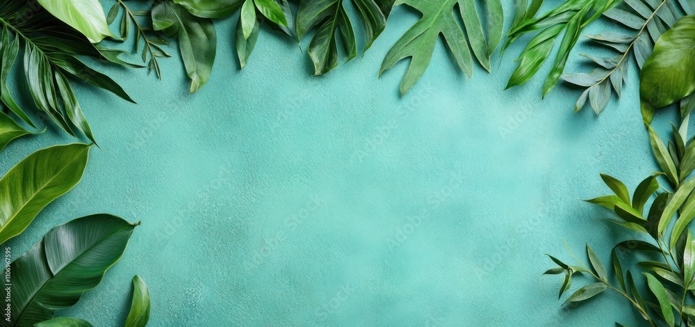 A vibrant arrangement of green leaves on a turquoise background, ideal for nature-themed designs. A vibrant arrangement of green leaves on a turquoise background, ideal for nature-themed designs.
