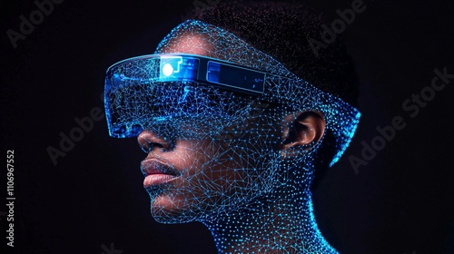 An abstract visualization of AR and VR devices connected in a seamless digital network Stock Photo with side copy space