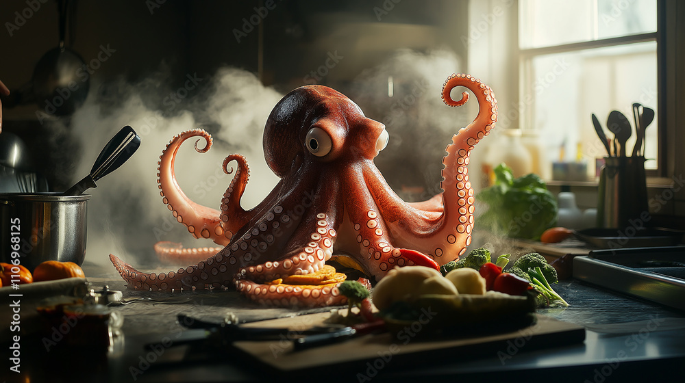 Obraz premium Octopus managing a kitchen, holding utensils, chopping vegetables, and flipping pancakes, bright lighting, culinary scene