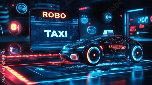 Futuristic self-driving robotaxi displayed on a digital interface.