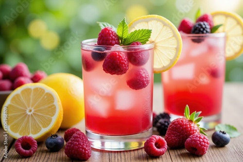 Refreshing summer berry lemonade with ice, mint, and lemon slices in sunlight.