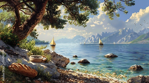 Lakefront snack: bread toaster and bread on a rocky shore under a tree, with sailboats in the distance