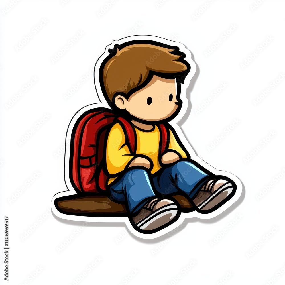 Cute Cartoon Illustration of a Young Boy Sitting on a Wooden Log with a Bright Red Backpack and a Yellow Shirt, Perfect for Educational or Child-Themed Designs