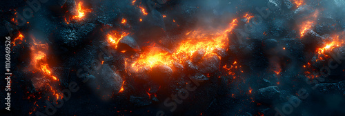 Fiery Volcanic Rock Abstract Background, Molten Lava Flows Intensely Across Dark, Rough Terrain, Creating a Dramatic and Textured Image.