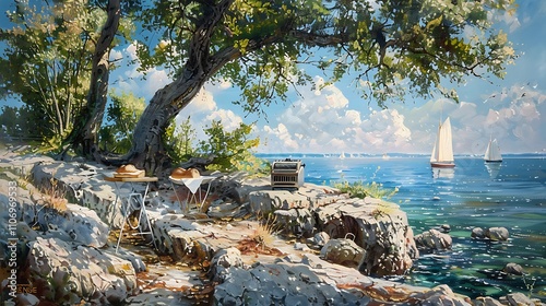 Lakefront snack: bread toaster and bread on a rocky shore under a tree, with sailboats in the distance