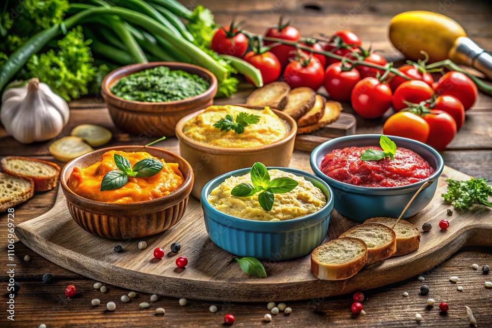 Homemade Mashed Vegetable Paste and Cheese in Bowls and on Fresh Bread at a Local Brunch Spread with Colorful Ingredients and Rustic Presentation