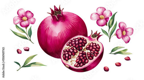 Red ripe pomegranate fruit and pomegranate cut, pomegranate flower branch and leaves, watercolor pomegranate illustration, botanical illustration
