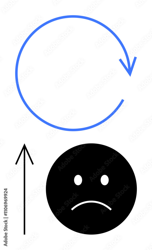 Fototapeta premium Blue circular arrow, black sad face, and upward black arrow convey a theme of transformation and growth. Ideal for motivation, recovery, mental health, self-improvement, change management