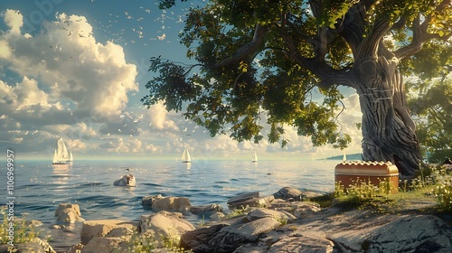 Lakefront snack: bread toaster and bread on a rocky shore under a tree, with sailboats in the distance
