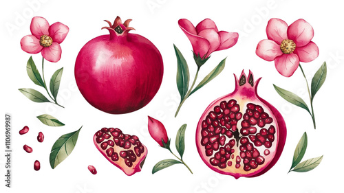 Red ripe pomegranate fruit and pomegranate cut, pomegranate flower branch and leaves, watercolor pomegranate illustration, botanical illustration
