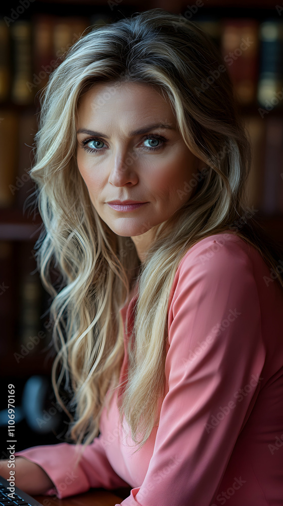 Elegant Woman with Blonde Hair in Pink Blouse, Portrait Photography with Soft Lighting Elegant Woman with Blonde Hair in Pink Blouse, Portrait Photography with Soft Lighting
