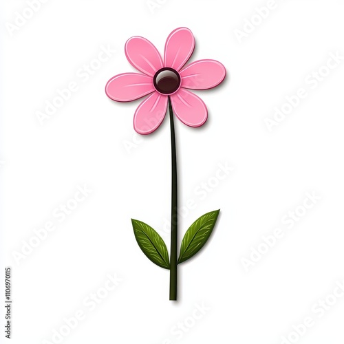 Bright Pink Flower with Green Leaves and Simple Design, Perfect for Spring Themes, Gardens, Nature Backgrounds, and Child-Friendly Illustrations