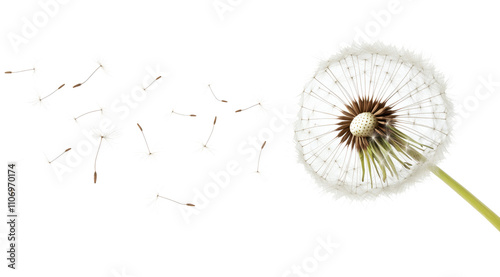Dandelion flower seeds flying in the wind isolated on a white background