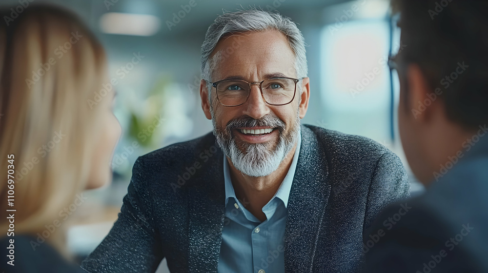 Smiling Mature Man in Business Meeting, Confidently Discussing Strategies with Colleagues, Positive and Professional Atmosphere. Smiling Mature Man in Business Meeting, Confidently Discussing Strategies with Colleagues, Positive and Professional Atmosphere.
