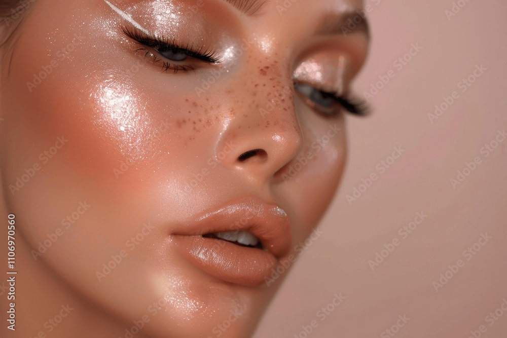 Fototapeta premium Glowing Beauty Close-Up with Freckles and Soft Makeup Highlights