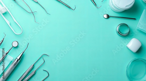 Dental Instruments Arranged on a Turquoise Background photo