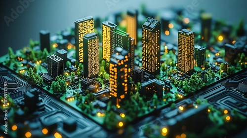 Fototapeta Naklejka Na Ścianę i Meble -  A futuristic smart city model featuring green tech and eco-friendly infrastructure Stock Photo with side copy space