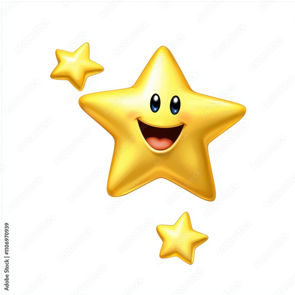 Cheerful and Bright Yellow Star Character with a Big Smile and Sparkling Eyes, Surrounded by Smaller Stars, Perfect for Kids' Designs and Celebratory Themes Cheerful and Bright Yellow Star Character with a Big Smile and Sparkling Eyes, Surrounded by Smaller Stars, Perfect for Kids' Designs and Celebratory Themes