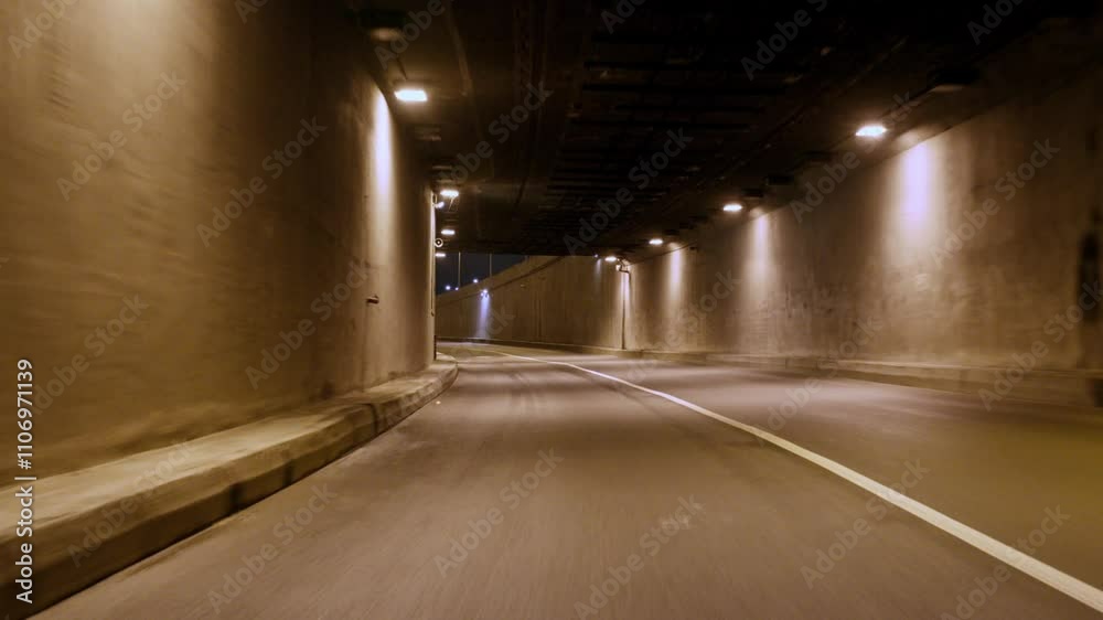 Auto moving in modern tunnel, road traffic in night in city, back window view. Empty roads in megapolis in midnight, traveling between cities, riding car in nighttime, asphalt pavement for transport