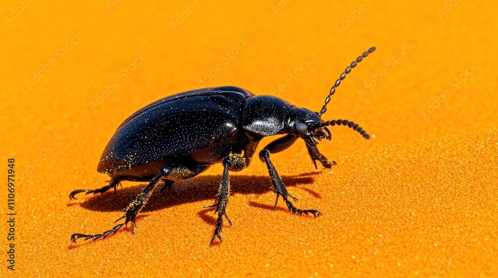 Black Beetle Crawling Across Orange Sand Dune Black Beetle Crawling Across Orange Sand Dune