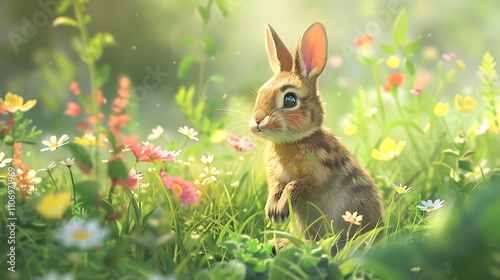 Little rabbit hopping through a garden filled with grass and veggies