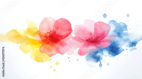 Vibrant colorful watercolor flowers blend in dynamic patterns, on white background