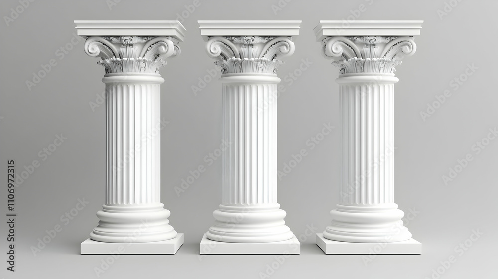 Obraz premium Classical Columns, Three White Pillars, Architectural Design, Elegant & Ornate Capitals, Smooth Surface