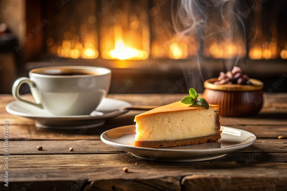 Indulge in a Perfect Pairing of Creamy Cheesecake and Rich Coffee in a Cozy Café Setting, Emphasizing the Art of Dessert Presentation and Relaxation Indulge in a Perfect Pairing of Creamy Cheesecake and Rich Coffee in a Cozy Café Setting, Emphasizing the Art of Dessert Presentation and Relaxation