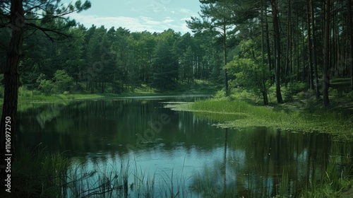 Park's lake neighboring pine woodland