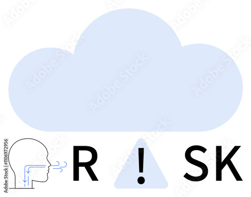 Human head inhaling, large cloud above, word RISK with exclamation mark. Ideal for health warnings, environmental issues, pollution control, safety notices, public health campaigns, climate change