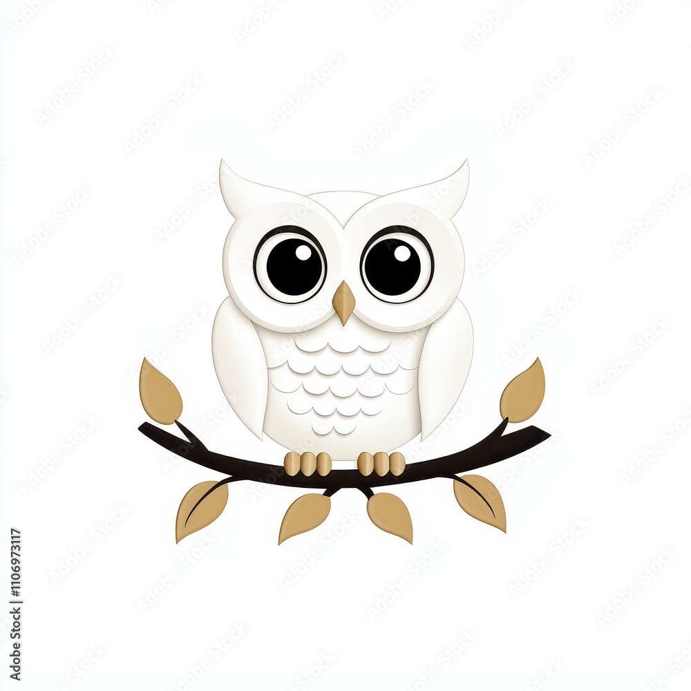 Obraz premium Cute and Cartoonish Owl Sitting on a Branch with Big Eyes, Ideal for Nature and Animal-Themed Designs or Children’s Illustrations and Educational Materials