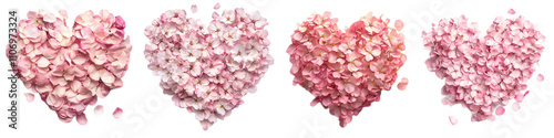 Four heart shapes made of pink flower petals, varying in color intensity and size, arranged in a row.