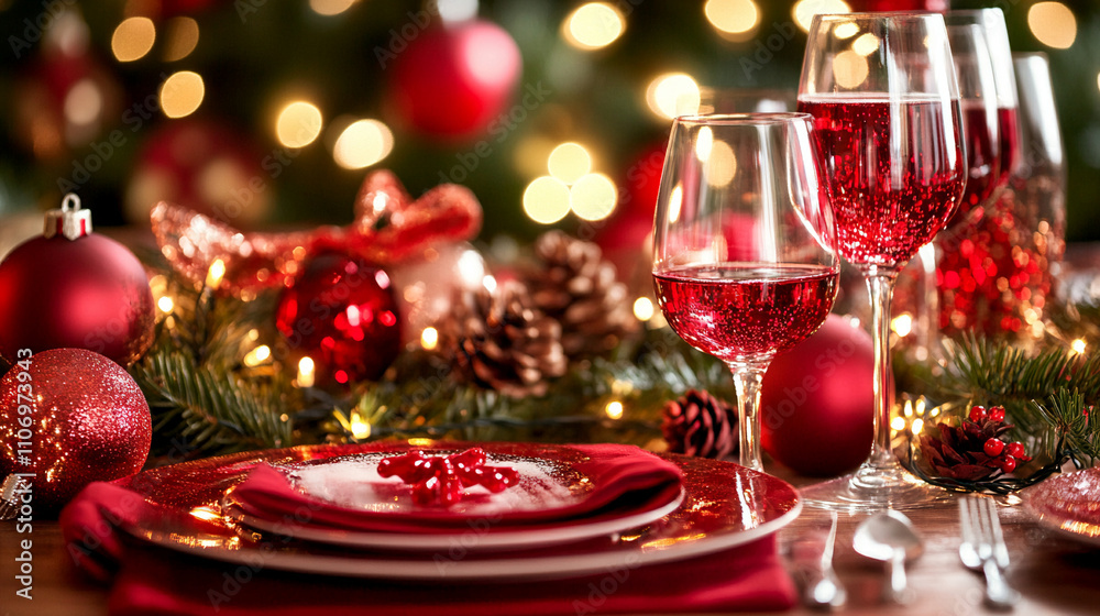 Photo of a Christmas table setting with wine glasses and plates, blurred background with lights and decorations Photo of a Christmas table setting with wine glasses and plates, blurred background with lights and decorations