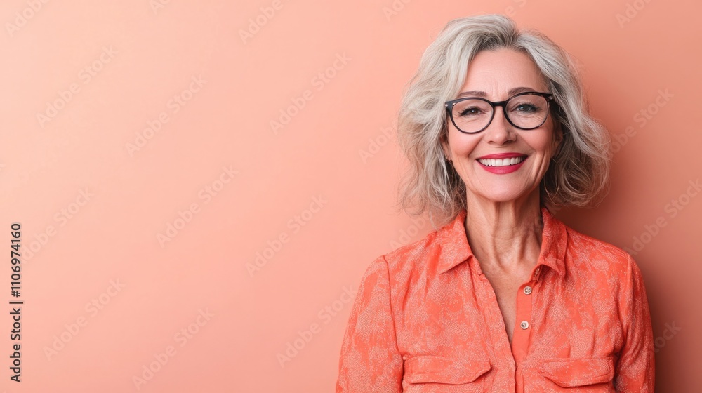 Cheerful beautiful mature woman with a vibrant smile standing against a peach background