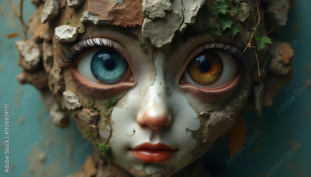 A surreal portrait of a human face, composed of architectural elements and natural textures, made of stone, wood, and leaves. Two big eyes of different colors, one blue and one brown. A surreal portrait of a human face, composed of architectural elements and natural textures, made of stone, wood, and leaves. Two big eyes of different colors, one blue and one brown.