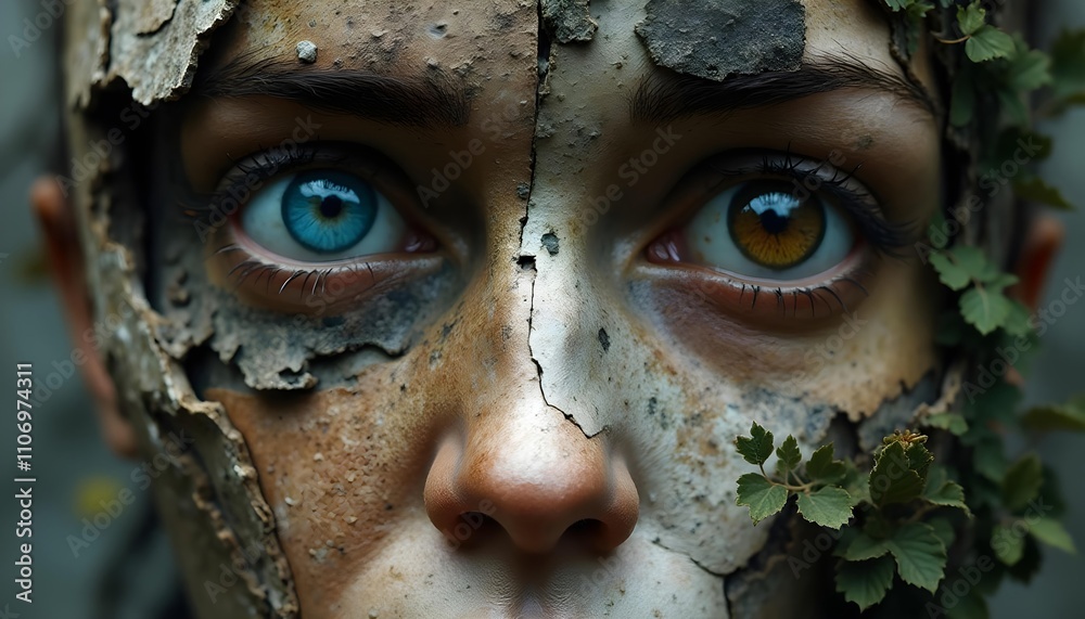 A surreal portrait of a human face, composed of architectural elements and natural textures, made of stone, wood, and leaves. Two big eyes of different colors, one blue and one brown. A surreal portrait of a human face, composed of architectural elements and natural textures, made of stone, wood, and leaves. Two big eyes of different colors, one blue and one brown.