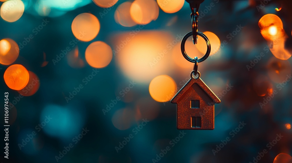 House Key Charm Hanging Against Bokeh Lights House Key Charm Hanging Against Bokeh Lights