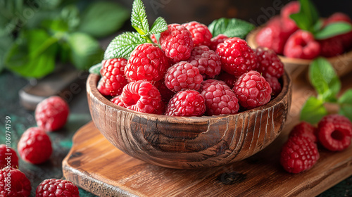 Fresh Raspberries in Wooden Bowl with Mint