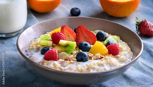 Bircher Muesli Rolled oats soaked with yogurt, milk, and fruits. photo