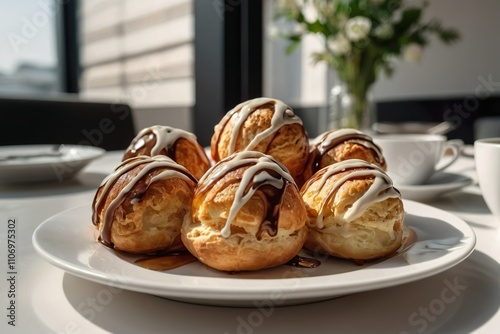 Vegan perfect delicious tasty sweet freshly baked round creamy profiteroles on a white table in a white plate. Bright stylish modern kitchen. Restaurant menu template. Culinary festive mystique. photo