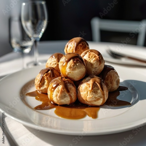 Vegan perfect delicious tasty sweet freshly baked round creamy profiteroles on a white table in a white plate. Bright stylish modern kitchen. Restaurant menu template. Culinary festive mystique. photo