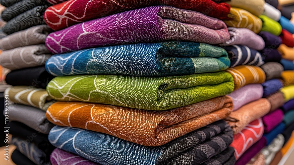 A Stack of Colorful Fabric Rolls with White Patterns A Stack of Colorful Fabric Rolls with White Patterns