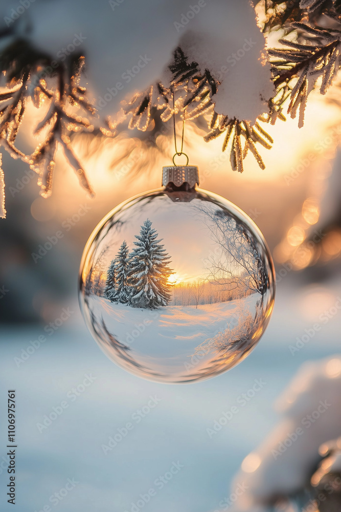 A gorgeous glass orb decorated with frosted pine needles captures a panoramic view of a winter landscape bathed in golden sunlight with snow-topped trees. A gorgeous glass orb decorated with frosted pine needles captures a panoramic view of a winter landscape bathed in golden sunlight with snow-topped trees.