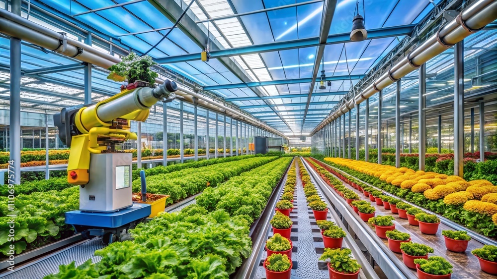 Innovative Smart Farming Technology Featuring Robotic Arms Efficiently Harvesting Fresh Vegetables Inside a Modern Automated Greenhouse Environment Innovative Smart Farming Technology Featuring Robotic Arms Efficiently Harvesting Fresh Vegetables Inside a Modern Automated Greenhouse Environment
