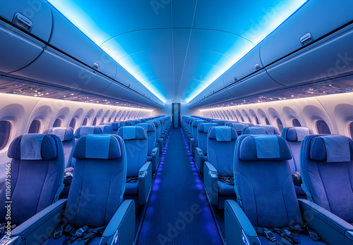 The interior cabin of an airplane with rows of seats and lights on.