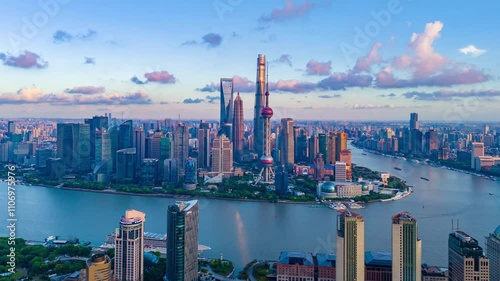 4K time lapse Aerial View of Shanghai skyline at sunset with the Winding Huangpu River