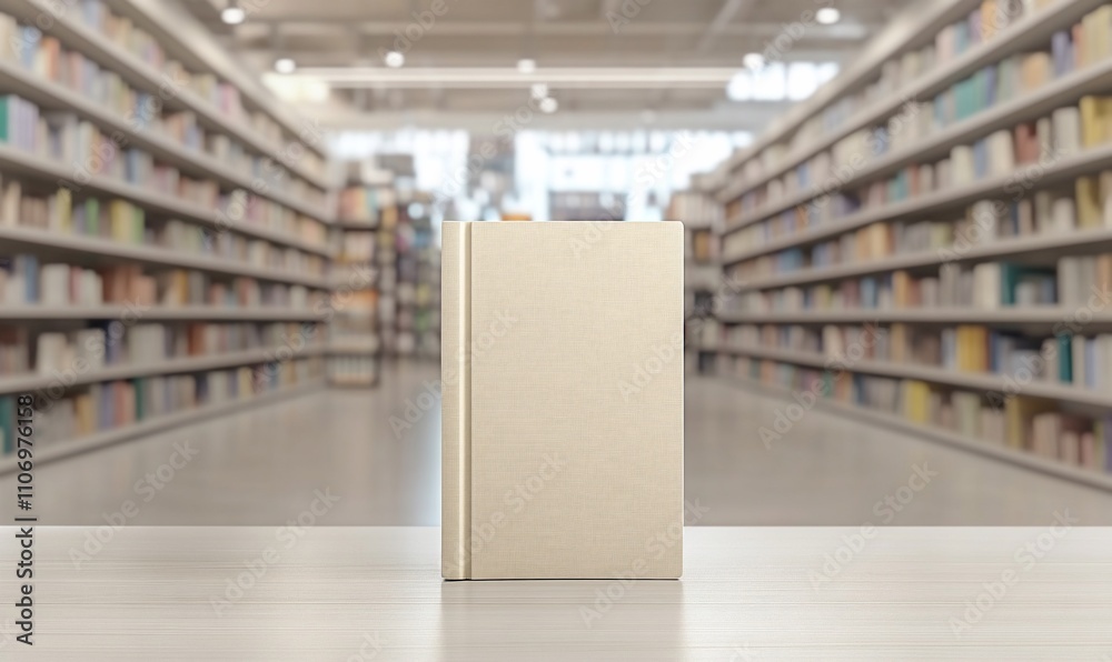 Obraz premium A blank book on a table with a library background.